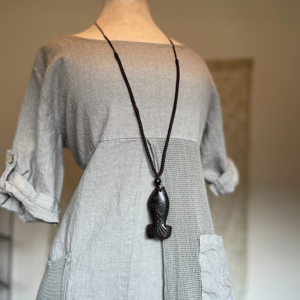 2 Tibetan Wooden Pendant Necklaces Ethnic Ancient Lucky Fish God Of Wealth (NEW)